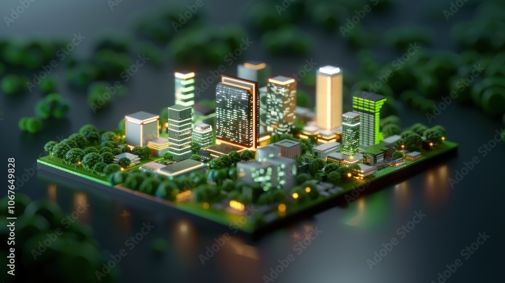 Poster isometric city block with illuminated modern buildings and surrounding trees on a dark background.