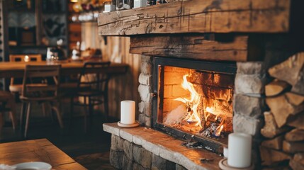 Wood burning fireplace in rustic style restaurant, creating cozy warm ambiance for diners.