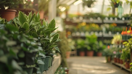 Obraz premium Greenhouse with many plants and potted plants. The plants are green and the potted plants are in various sizes
