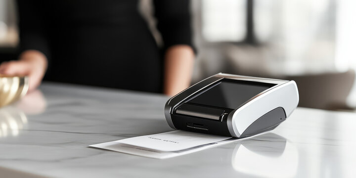 Credit card reader on a simple countertop printing a receipt. Cashless payment terminal for purchases and services
