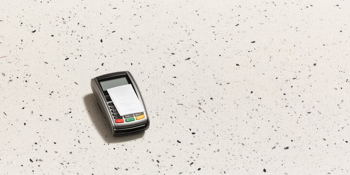 Credit card reader on a simple countertop printing a receipt. Cashless payment terminal for purchases and services