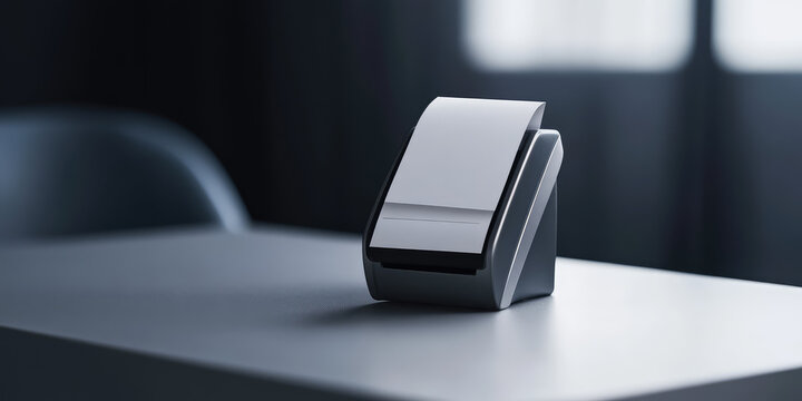 Credit card reader on a simple countertop printing a receipt. Cashless payment terminal for purchases and services