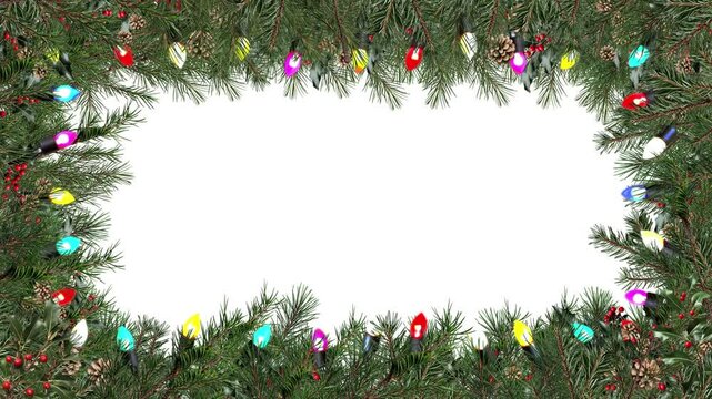 Animated Christmas card blinking lights overlay rectangle alpha transparent frame. Video, flashing holiday border in evergreen branches, pine cones, holly berries. Enhance promo marketing, e-cards