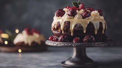 A deliciously festive chocolate cake adorned with vibrant raspberries and a sprig of holly on top.