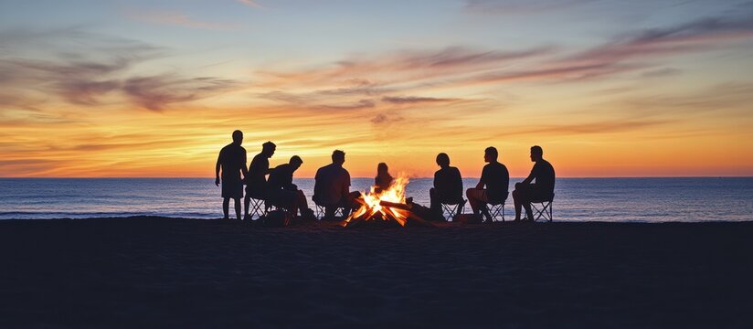 Silhouettes of friends gathered around a bonfire on the beach at sunset.