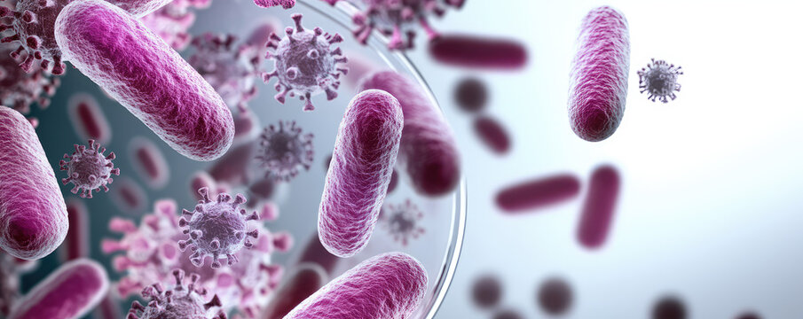 Macro 3d close up of different bacteria and virus cells in a scientific laboratory petri dish on simple background with copy space. 