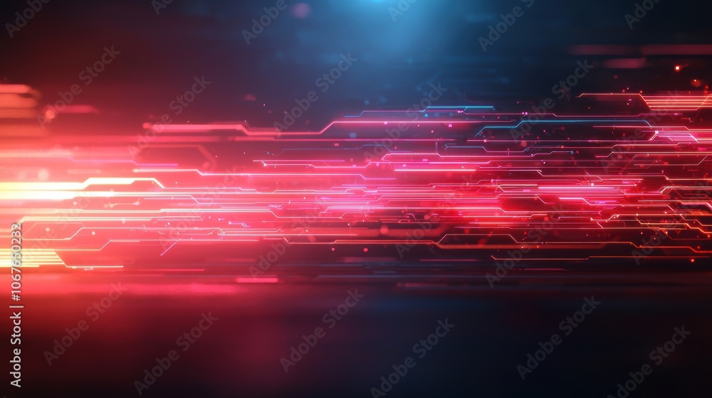 Poster abstract red and pink neon lines on a dark background representing high-speed data transfer