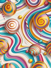 Colorful and vivid swirling candy balls. Ideal for themed decorations or celebrations.