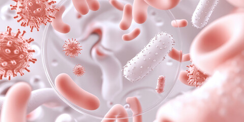 Macro 3d close up of different bacteria and virus cells in a scientific laboratory petri dish on simple background with copy space. 