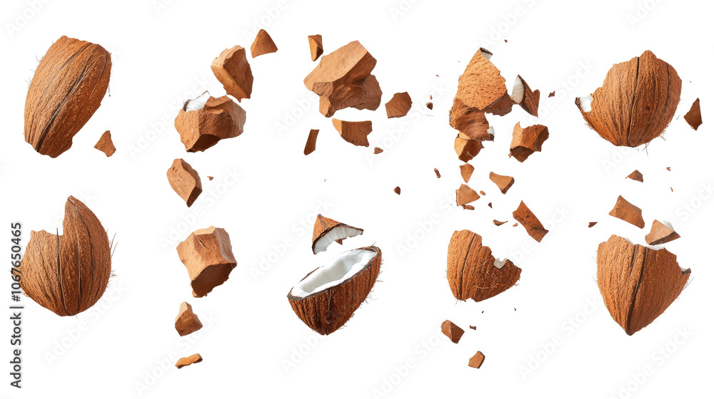 Poster isolated crashing coconuts with flying pieces generative ai