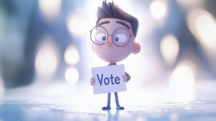 Cheerful cartoon character with round glasses holds a voting sign, promoting active participation in elections against a blurred background with bokeh