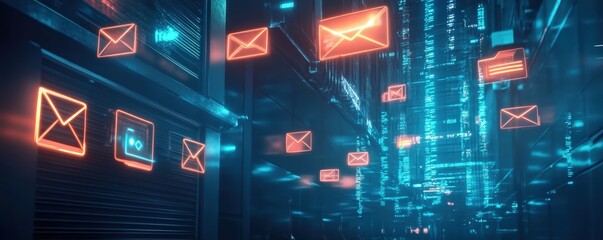 Digital workspace with glowing email and message icons floating in a virtual cityscape, symbolizing online communication and data exchange in a high-tech environment