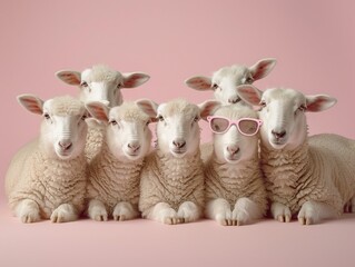 Fototapeta premium Group of sheep are wearing sunglasses and posing for a picture. The image has a playful and lighthearted mood, as the sheep are dressed up and posing for the camera