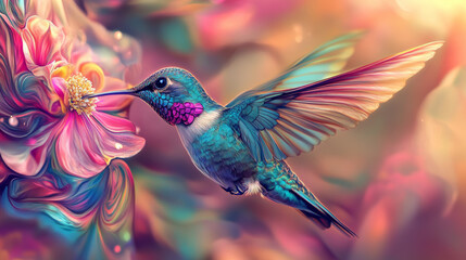 Obraz premium Hummingbird Nectar Flower Art Nouveau Vibrant