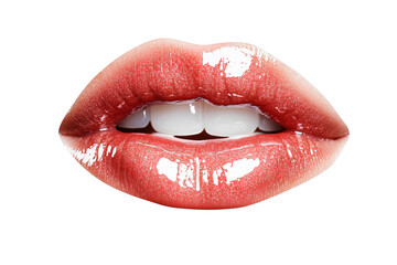 Obraz premium Glossy lips isolated on transparent background. Glamour makeup concept. Beauty close-up for cosmetic advertising. 