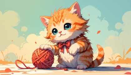 Obraz premium Adorable kitten with ribbon charm and yarn ball in whimsical autumn setting