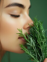 Fototapeta premium Close-up of woman smelling rosemary herb, natural beauty and sensory wellness