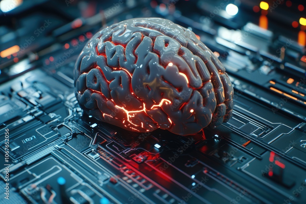 Poster high-tech brain with circuitry on a futuristic background.