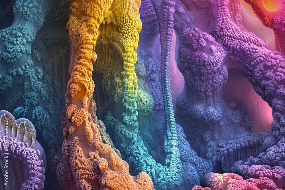 Poster a vibrant fractal landscape with intricate textures and rainbow hues, creating an imaginative and su