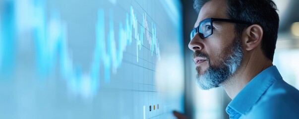 Focused businessman analyzing financial data on a digital screen in a modern office.