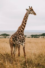 Obraz premium A giraffe standing in the wild, possibly on a safari, set against an African grassland backdrop.