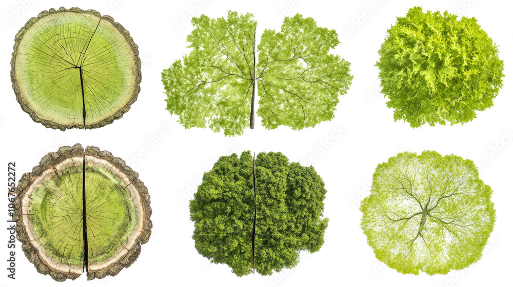 Poster tree cross sections with growth rings on transparent background generative ai