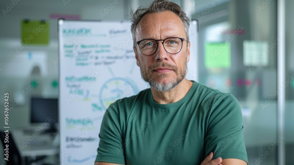 Aufkleber confident man with glasses standing in office in front of whiteboard with brainstorming notes.