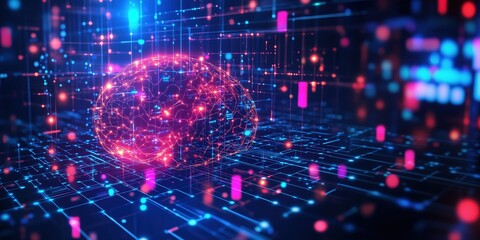 Digital brain concept with neural network connections, glowing lights and data flow