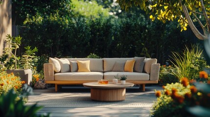 Fototapeta premium Modern, luxurious outdoor seating set with high-quality cushions and craftsmanship. Perfect for a comfortable backyard retreat in a sunny garden.