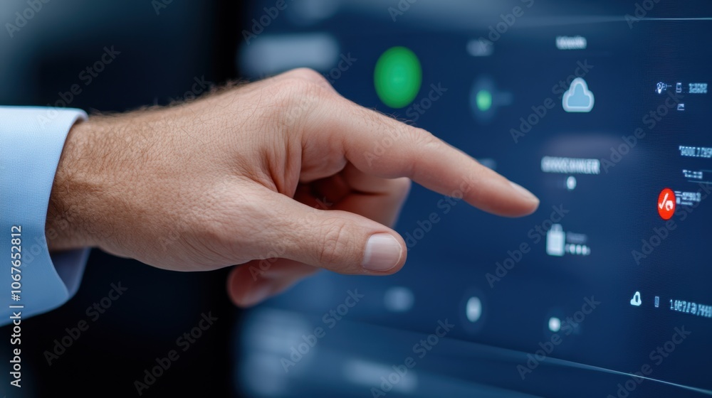 Poster close-up of hand touching interactive touchscreen interface
