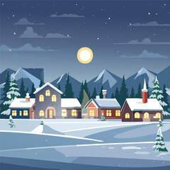 Naklejka premium Illustration of a rural scene during winter at night