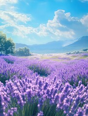 A serene landscape with a field blooming with vivid purple flowers under a clear sky.