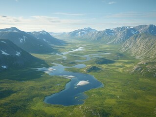 Aerial view of a serene valley with winding rivers and lush greenery.