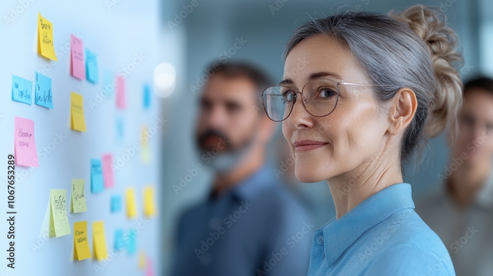 Poster smiling woman in glasses planning with sticky notes on wall during brainstorming session with collea