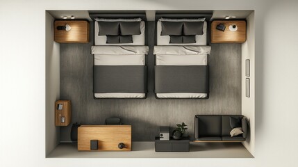 Modern guest room Ariel view with double bed and sleek furniture