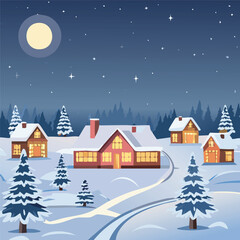 Fototapeta premium Illustration of a rural scene during winter at night