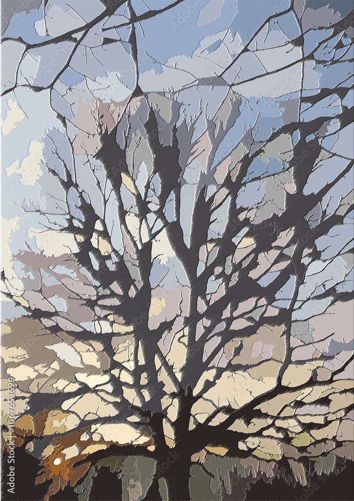 Poster branches trees and sky with sunlight of setting sun low above horizon - stained glass pattern, graph