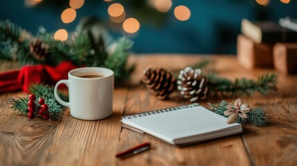 Notebook with pen and coffee mug on wooden table with pine cones and festive decor.