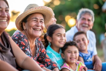 Smiling elderly woman in hat surrounded by young family members.