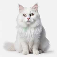 cute fluffy white cat sitting isolated on white background
