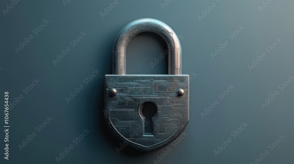 Poster metal padlock with circuit pattern on blue background. cybersecurity and digital data protection con