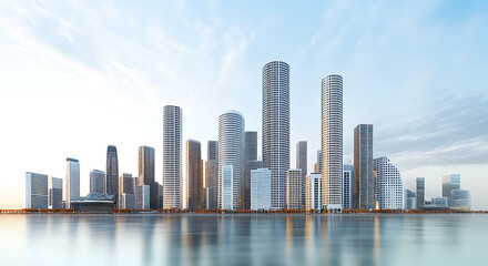 Fototapeta premium Modern city business centre at sunset, office and residential area by the water at gentle pastel colours 