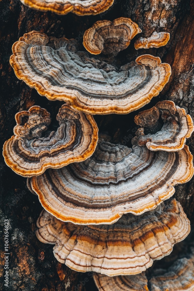 Poster this image shows a close-up of several varieties of mushrooms growing on the bark of a tree, display