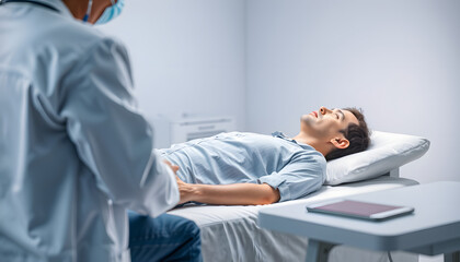 Fototapeta premium Patient lying near psychologist during mental health treatment isolated with white highlights, png