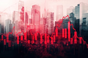 Real estate market and commercial property crisis concept with a red falling graph and cityscape in the background, using double exposure to illustrate market challenges