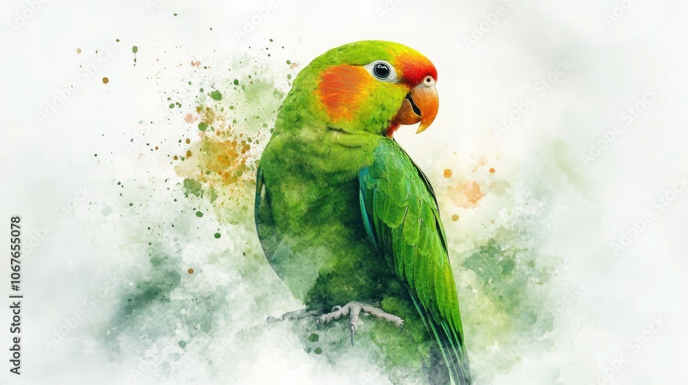 Poster green parrot is perched on a branch. the bird is looking at the camera with a curious expression. th