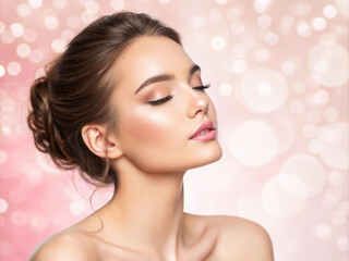 Naklejka premium Beautiful young woman face with closed eyes on pastel pink bokeh background. Beauty skin care make up cosmetics concept banner