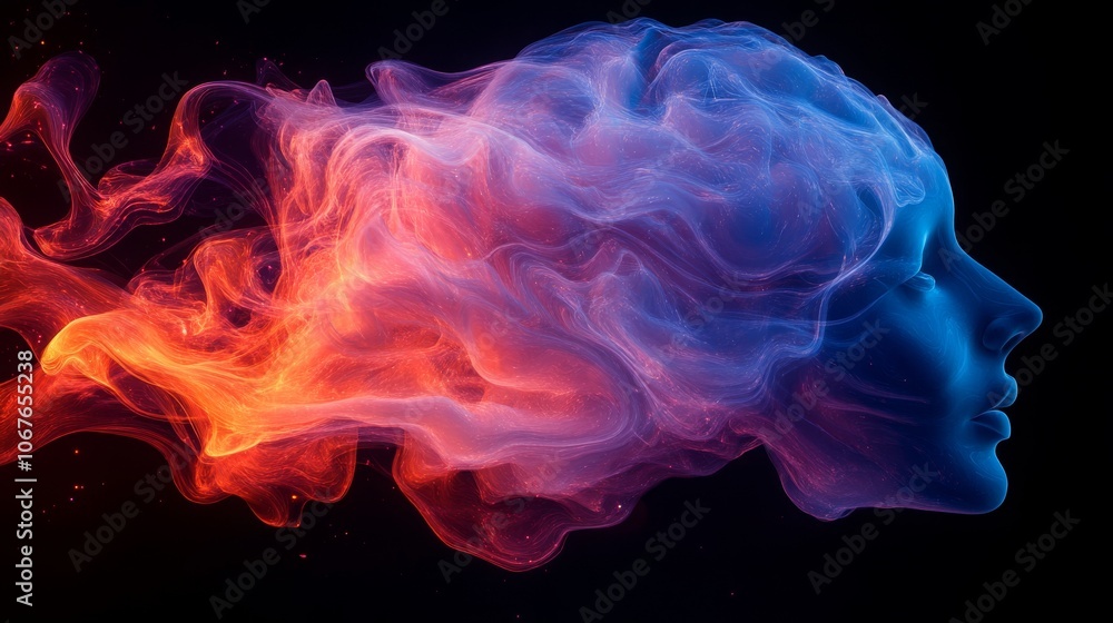 Poster dynamic smoke representation of a brain with colorful swirls and shapes against a dark background
