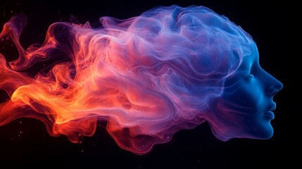 Dynamic smoke representation of a brain with colorful swirls and shapes against a dark background