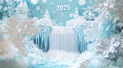 A papercraft scene featuring a waterfall, trees, and snowflakes, with the year 2025 displayed at the top